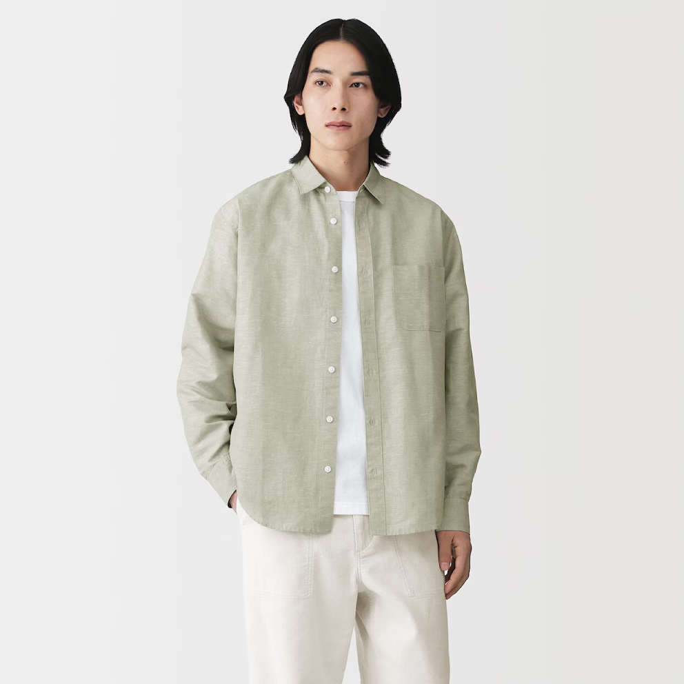 紳士　リネン洗いざらしスタンドカラー長袖シャツ 白 Lサイズの着用イメージ