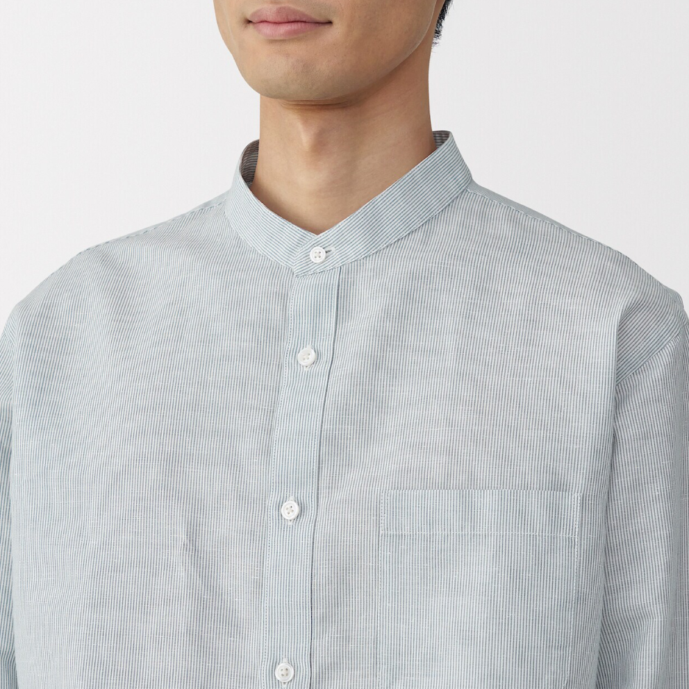 紳士　リネンコットンスタンドカラー長袖シャツの着用イメージ