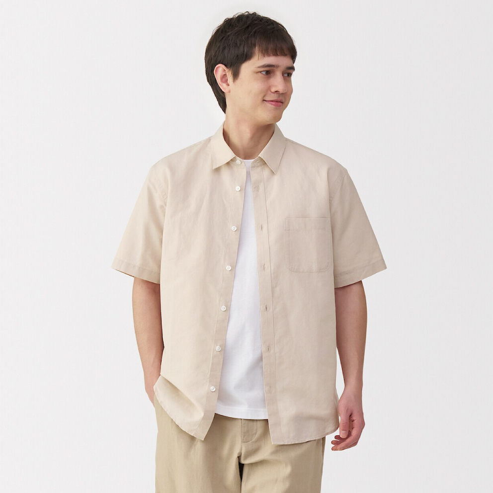 紳士　ヘンプコットンスタンドカラー長袖シャツ スカイブルーストライプ XLサイズの着用イメージ