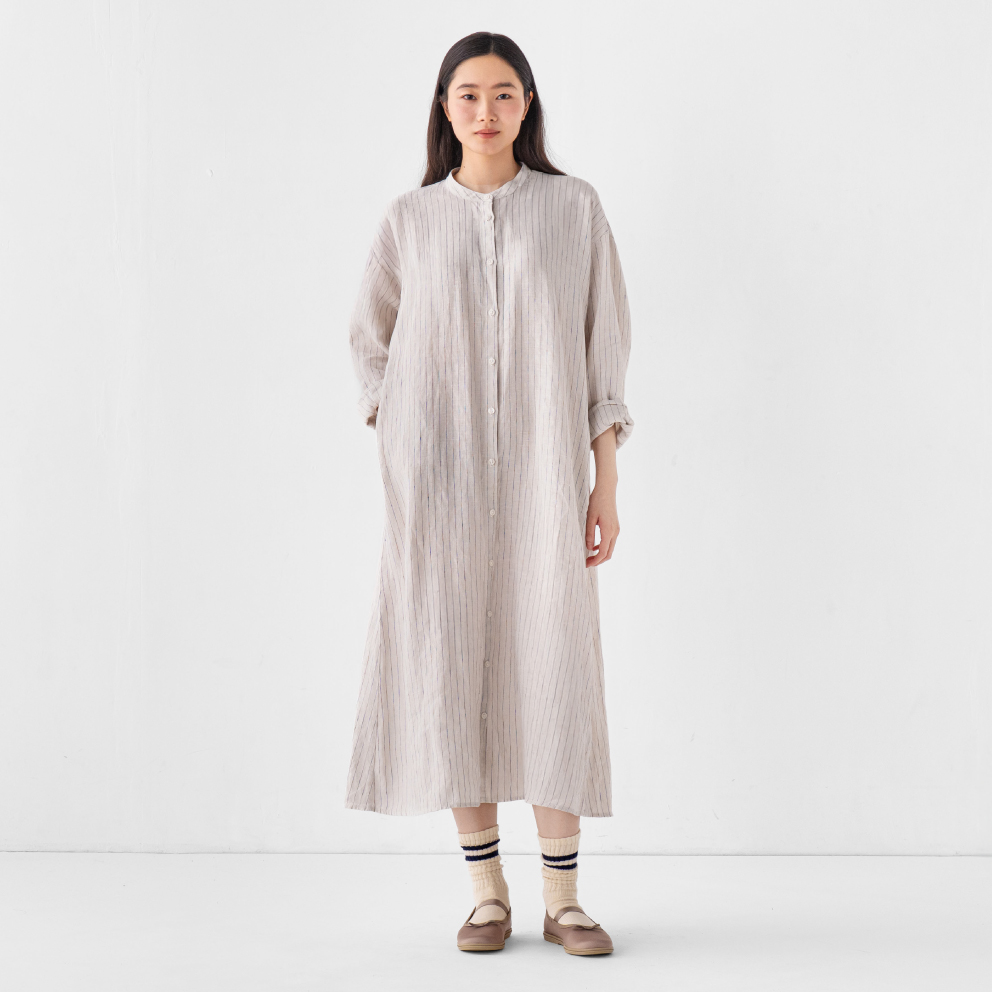 婦人　リネン　洗いざらし長袖シャツワンピース ピンク Lサイズの着用イメージ